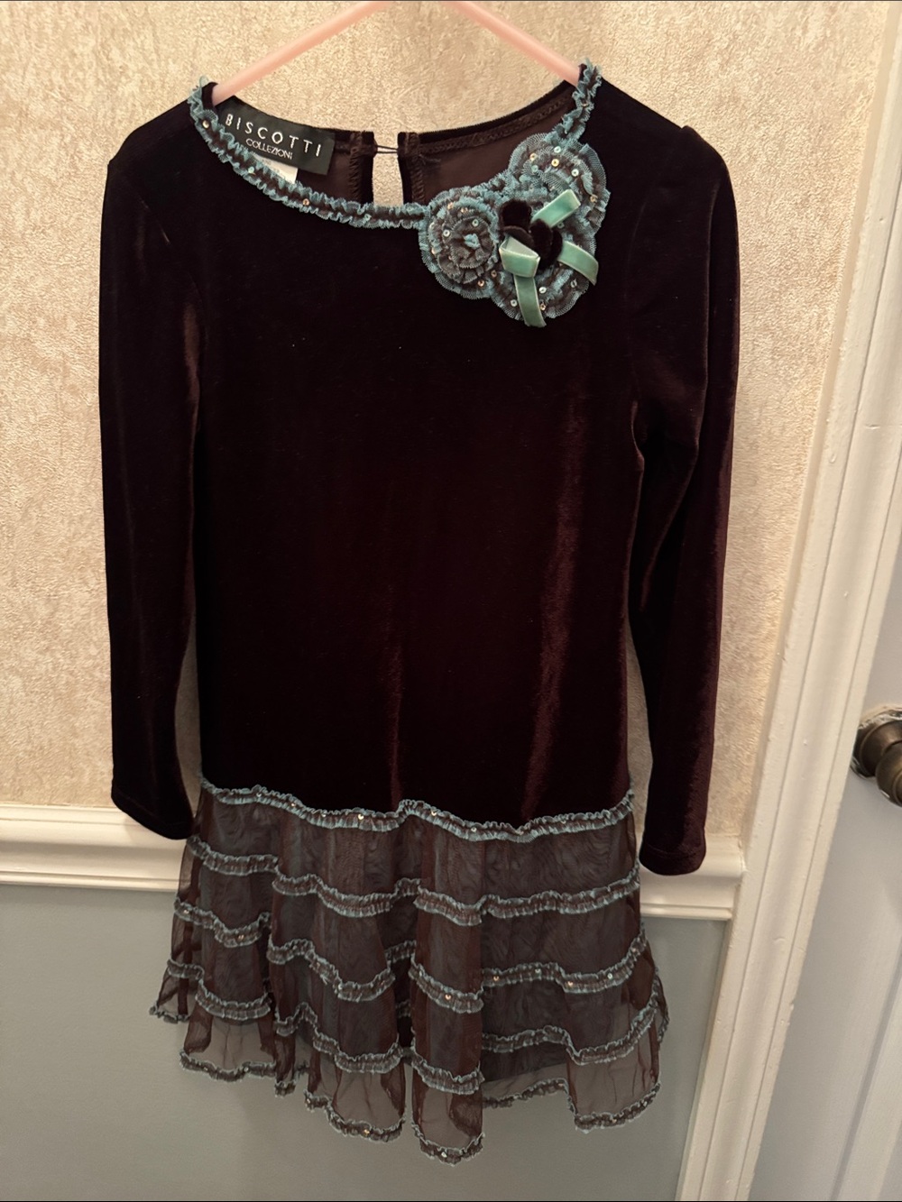 Girl size 5 Biscotti Brown Velvet Dress with Teal Trim EUC - Picture 1 of 7
